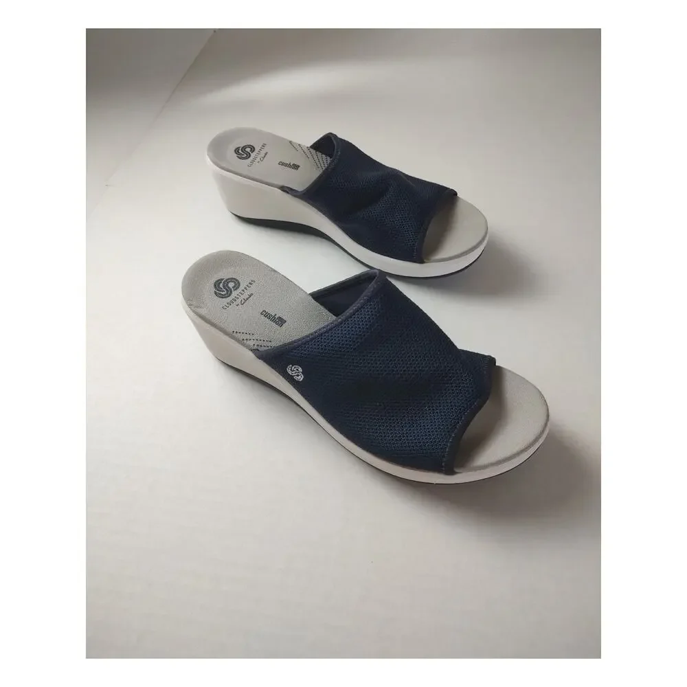 Clarks Cloudsteppers  Cali Bay Blue Canvas Slip On Wedge Heel Sandal Women US 10